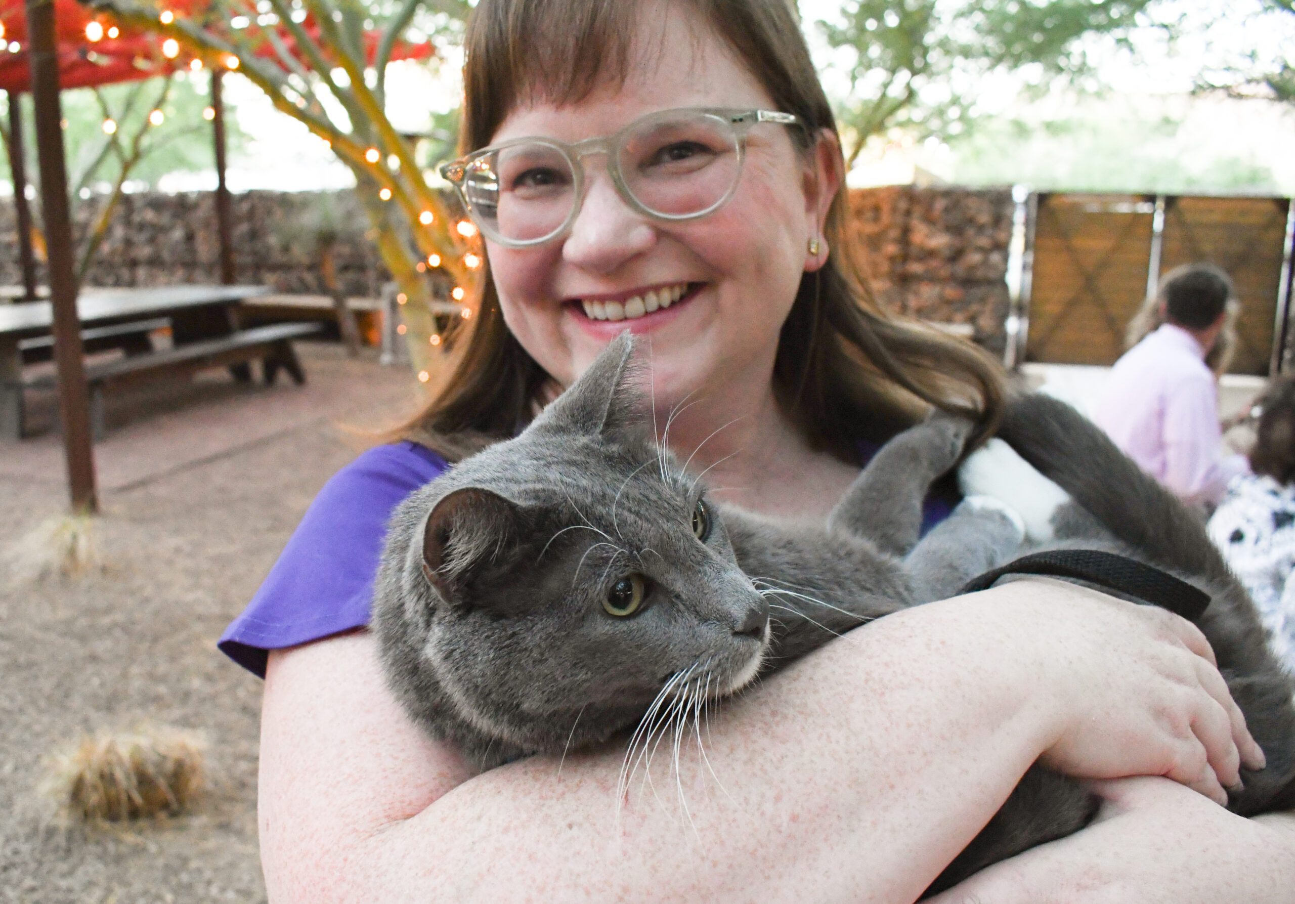 woman wearing glasses holding a grey cat in her arms