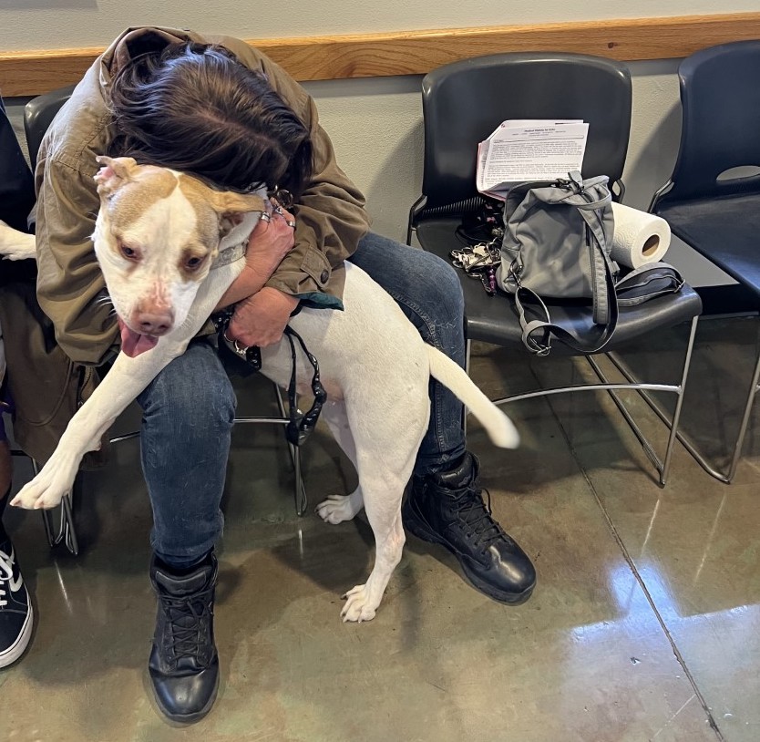 woman hugging her dog