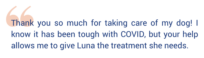 Quote reads "Thank you so much for taking care of my dog! I know it has been tough with COVID, but your help allows me to give Luna the treatment she needs."
