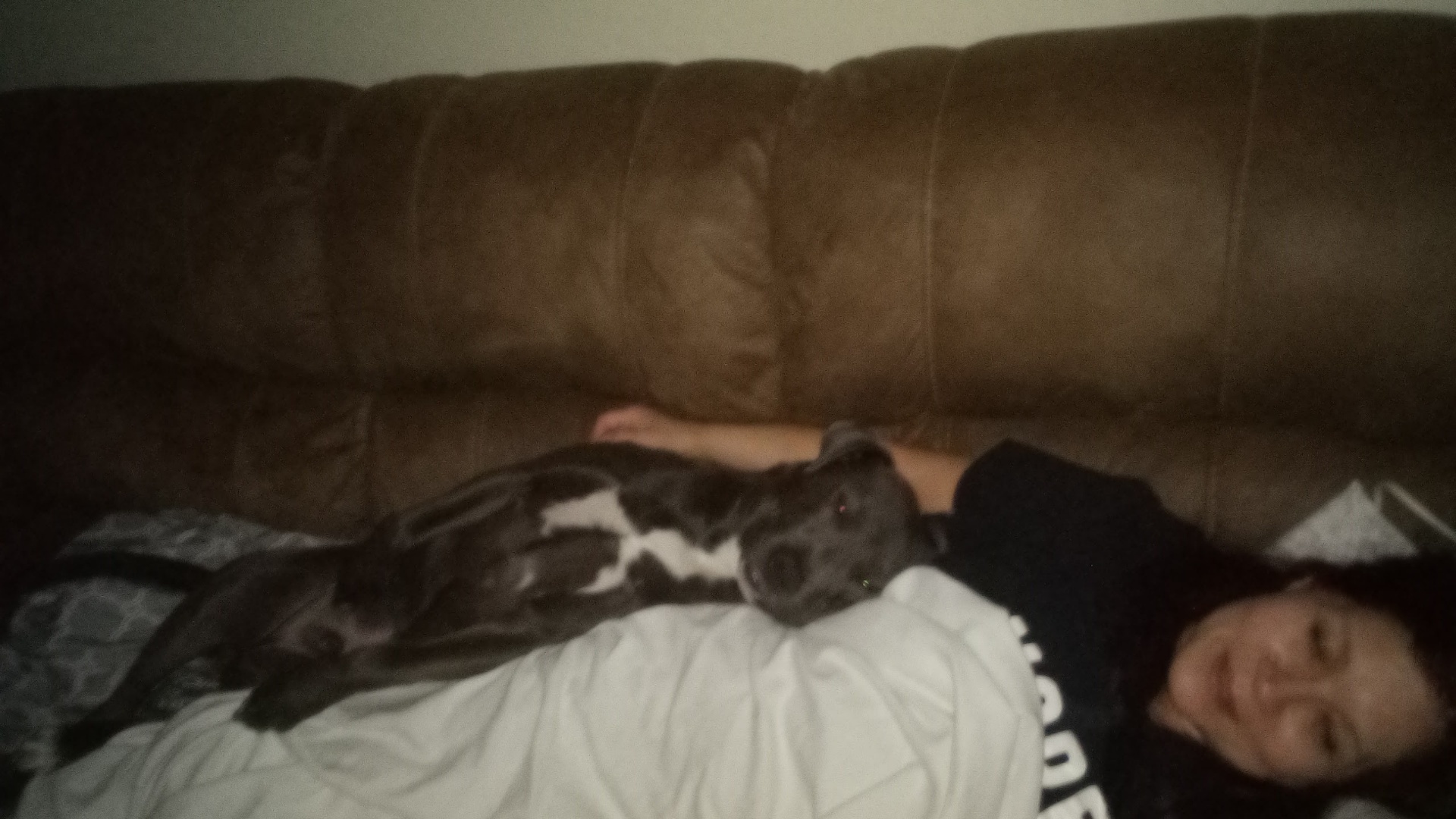 woman laying on the couch with her dog